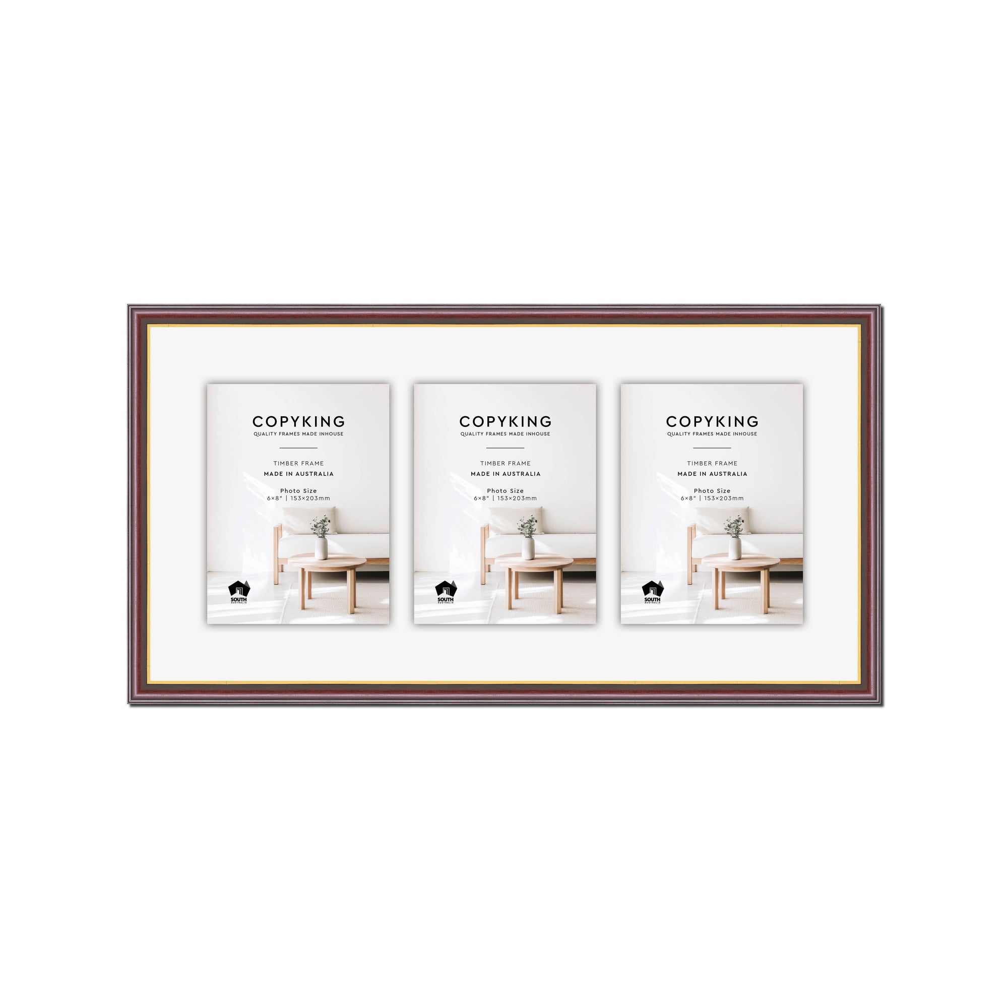Mahogany/Gold 20mm Wood Collage Photo Frame - 12" x 24" - 3 Photos (6" x 8")
