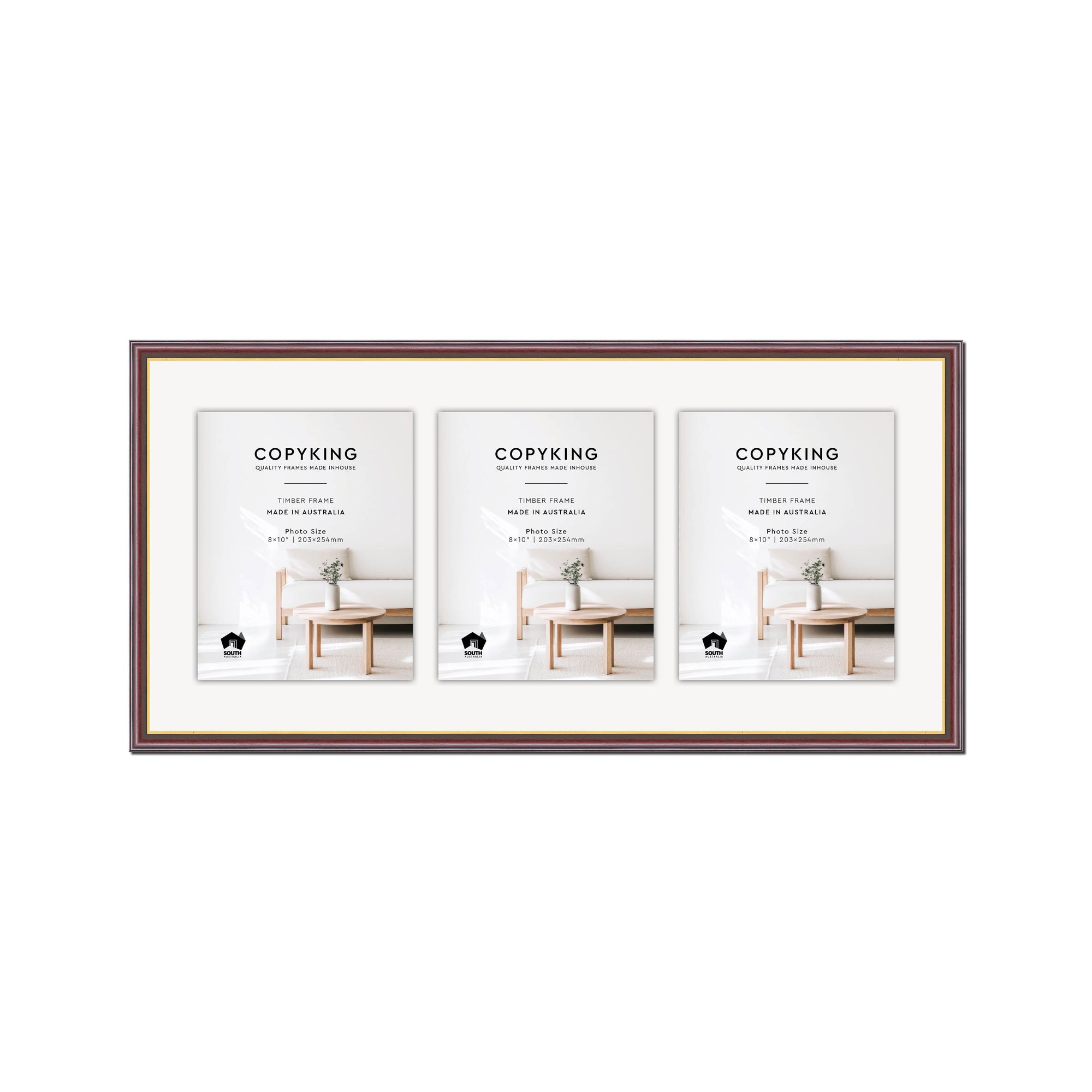 Mahogany/Gold 20mm Wood Collage Photo Frame - 14" x 30" - 3 Photos (8" x 10")