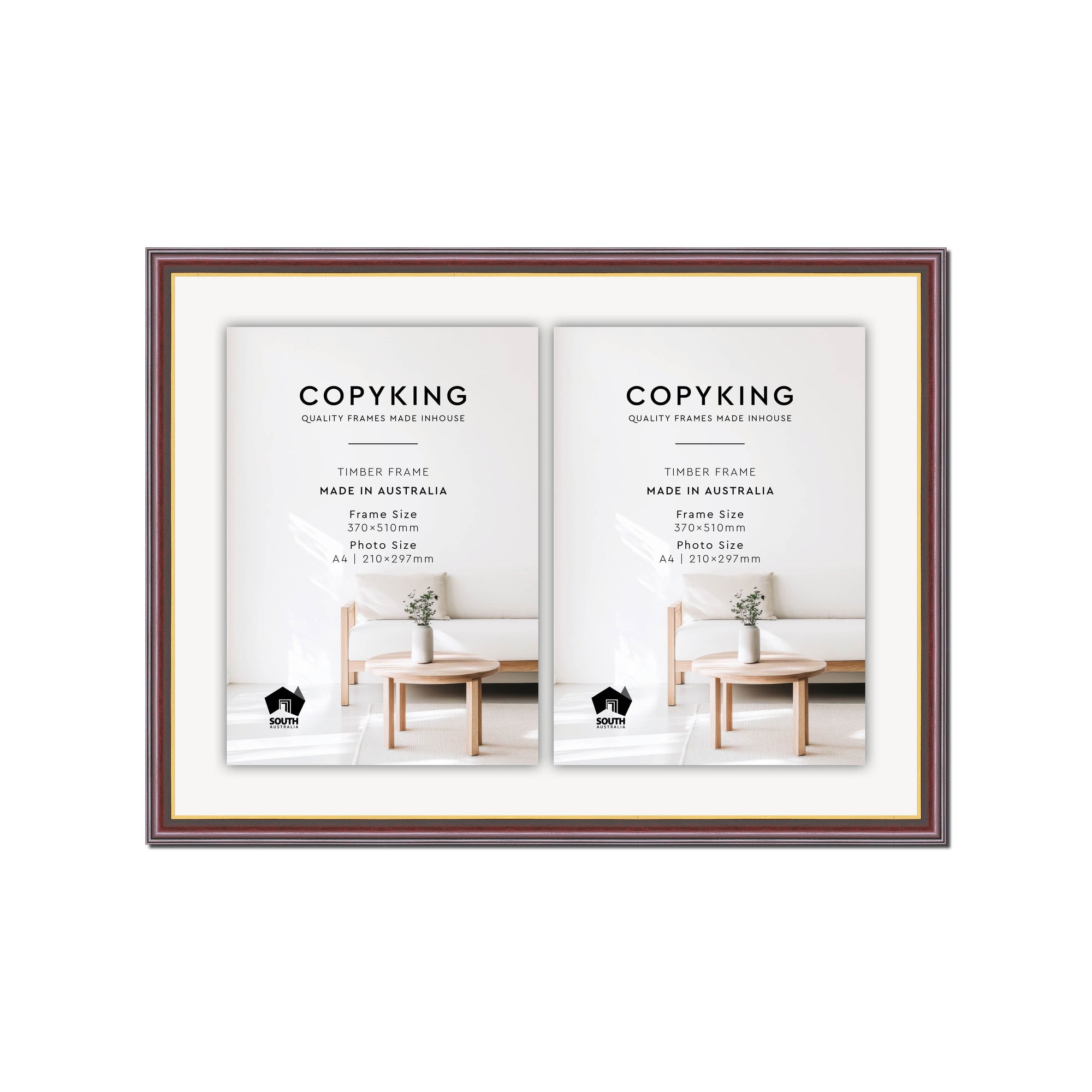 Mahogany/Gold 20mm Wood Certificate Frame - 370mm x 510mm - 2 Certificates (A4)