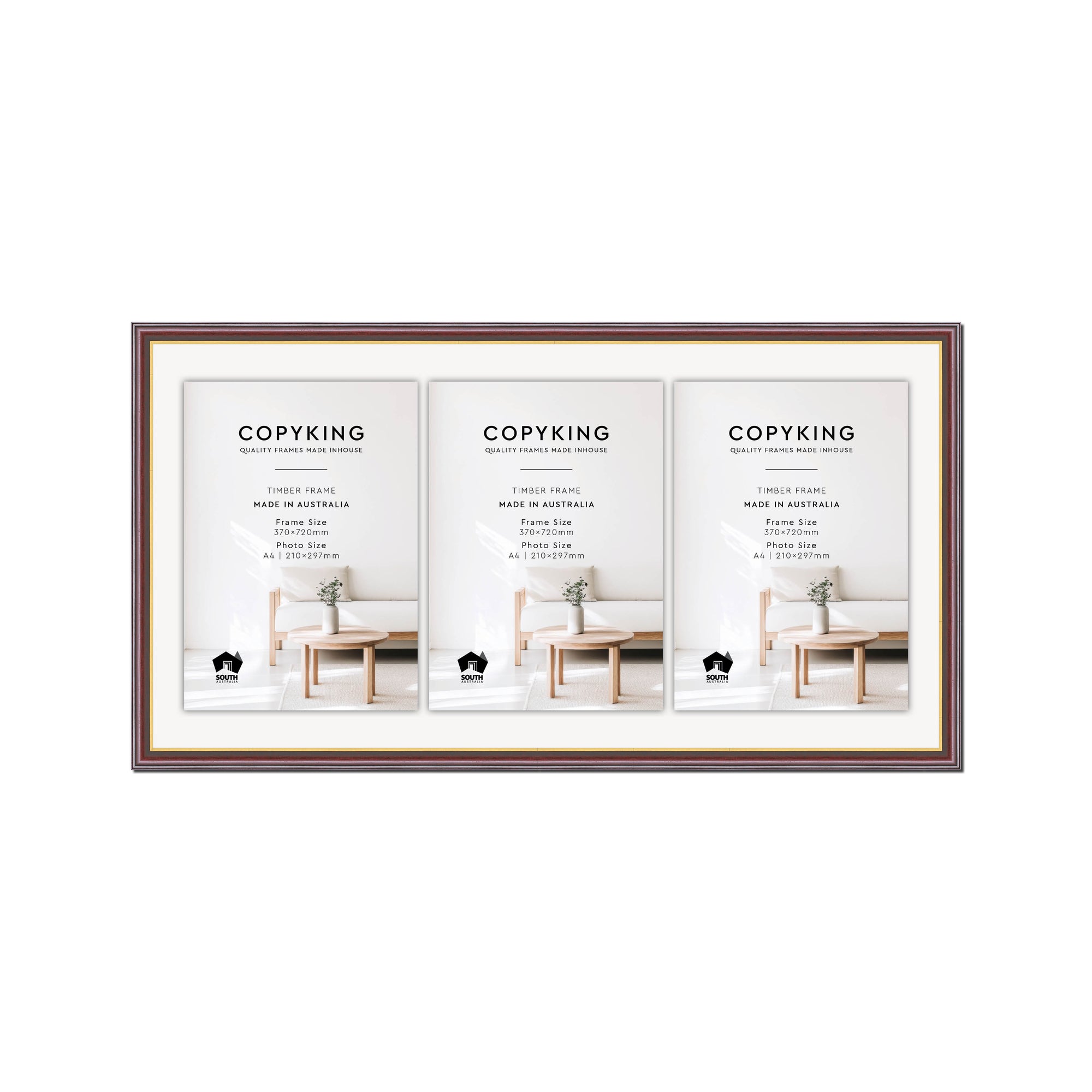 Mahogany/Gold 20mm Wood Certificate Frame - 370mm x 720mm - 3 Certificates (A4)