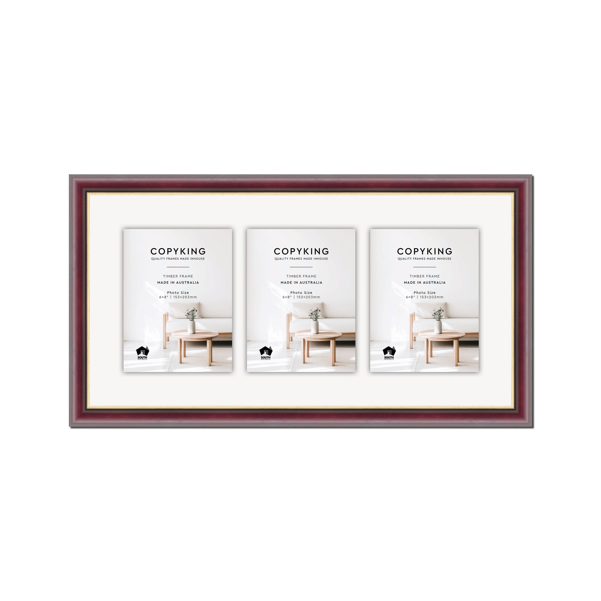 Mahogany/Gold 30mm Wood Collage Photo Frame - 12" x 24" - 3 Photos (6" x 8")