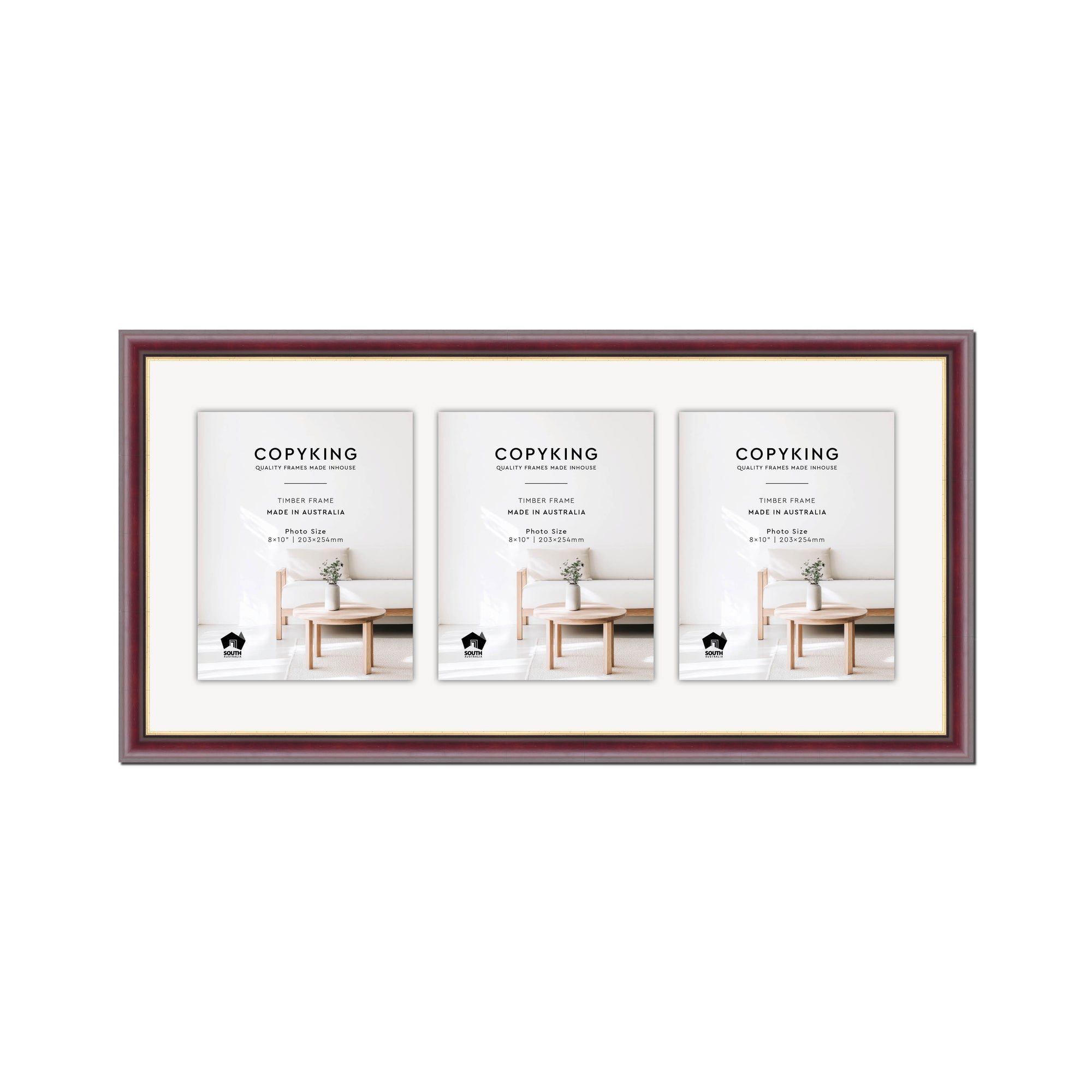 Mahogany/Gold 30mm Wood Collage Photo Frame - 14" x 30" - 3 Photos (8" x 10")