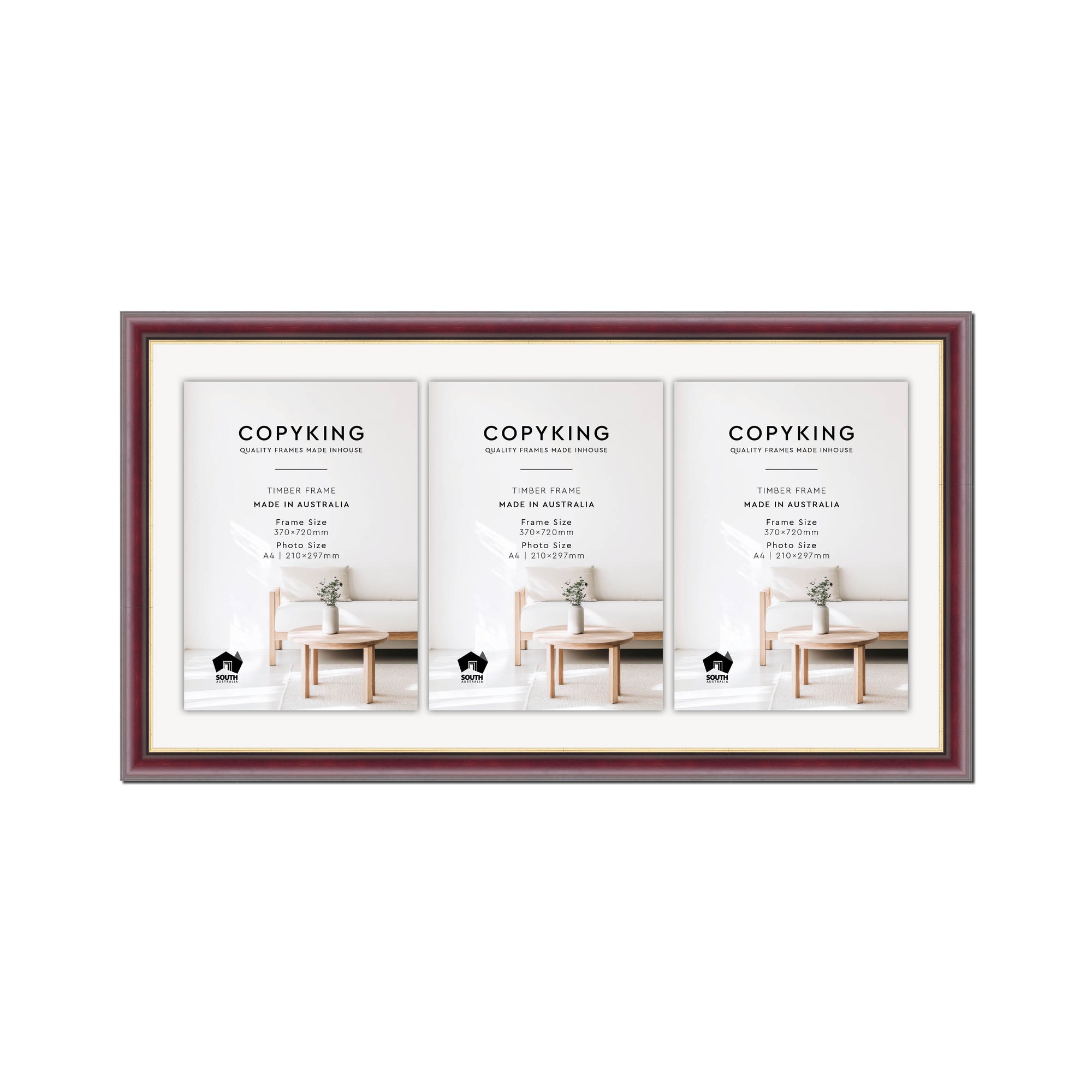 Mahogany/Gold 30mm Wood Certificate Frame - 370mm x 720mm - 3 Certificates (A4)