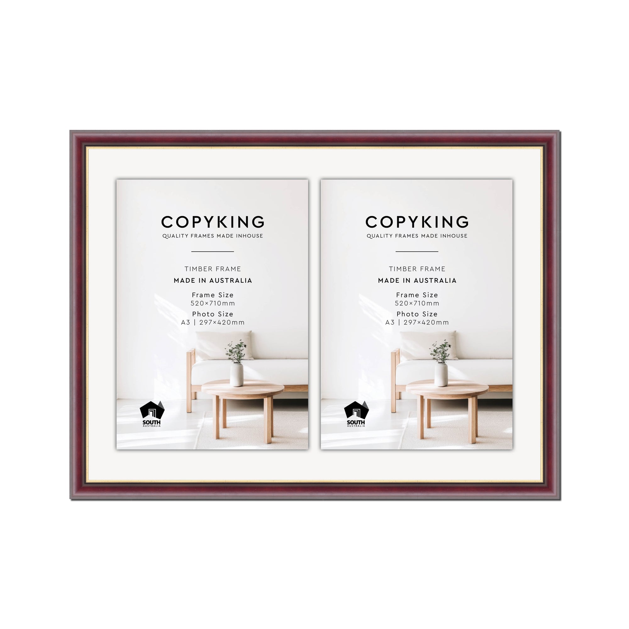 Mahogany/Gold 30mm Wood Certificate Frame - 520mm x 710mm - 2 Certificates (A3)