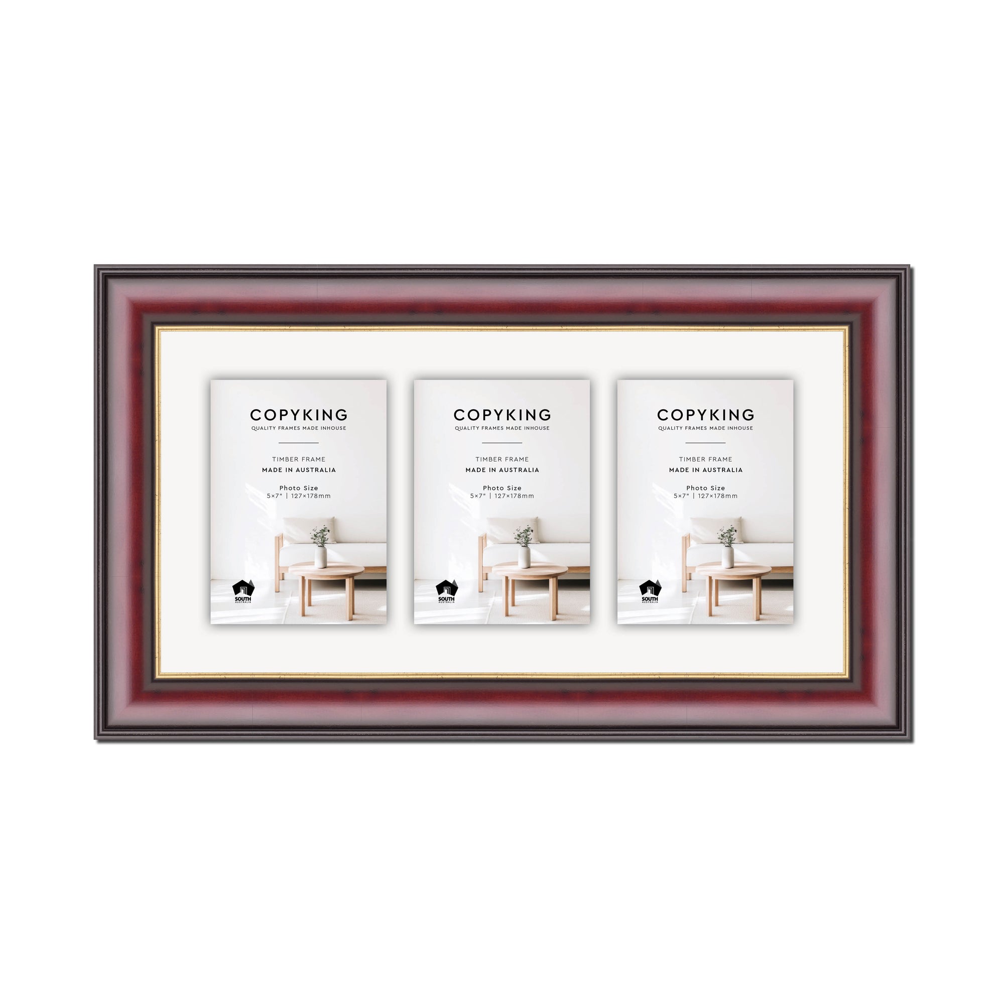 Mahogany/Gold 50mm Wood Collage Photo Frame - 10" x 20" - 3 Photos (5" x 7")