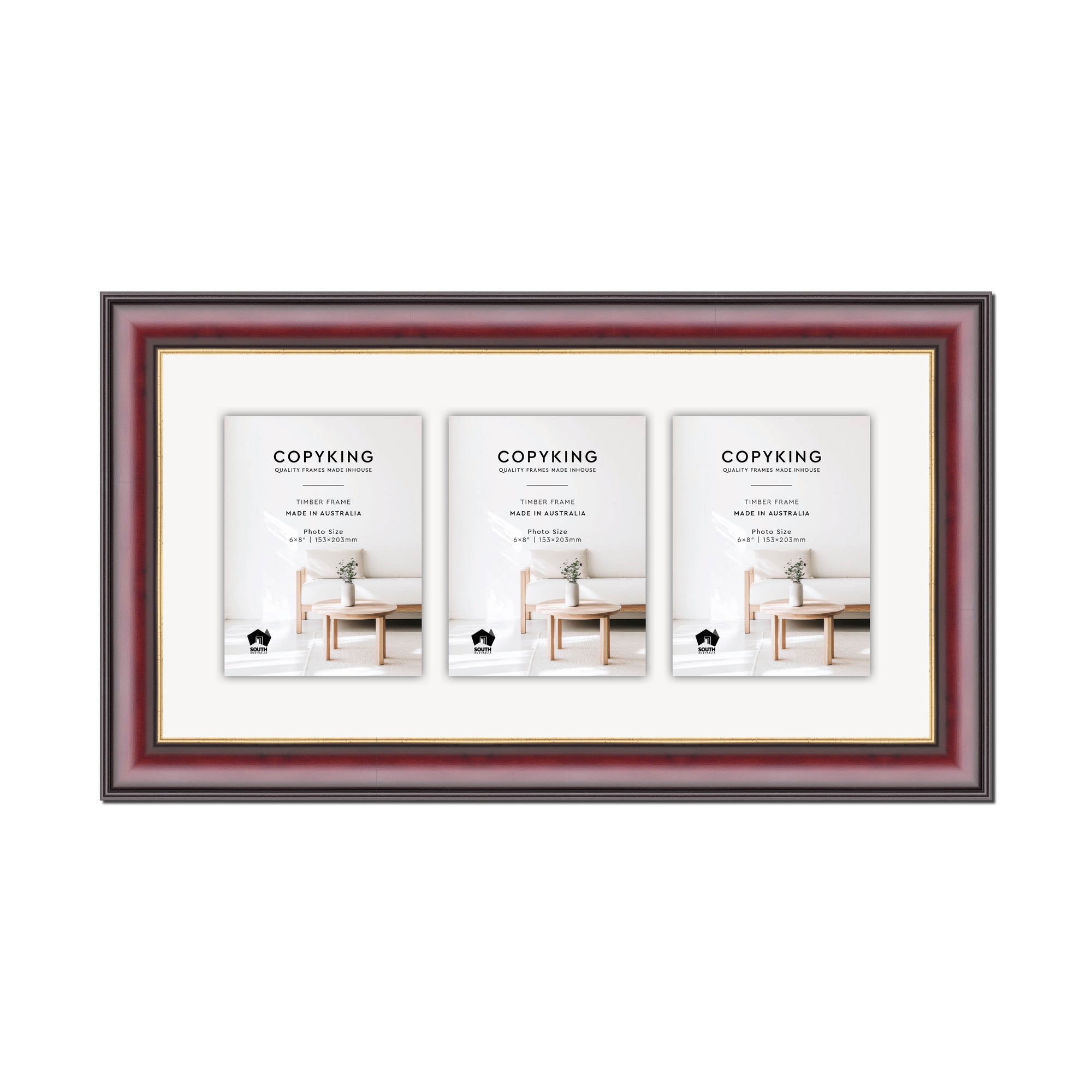 Mahogany/Gold 50mm Wood Collage Photo Frame - 12" x 24" - 3 Photos (6" x 8")