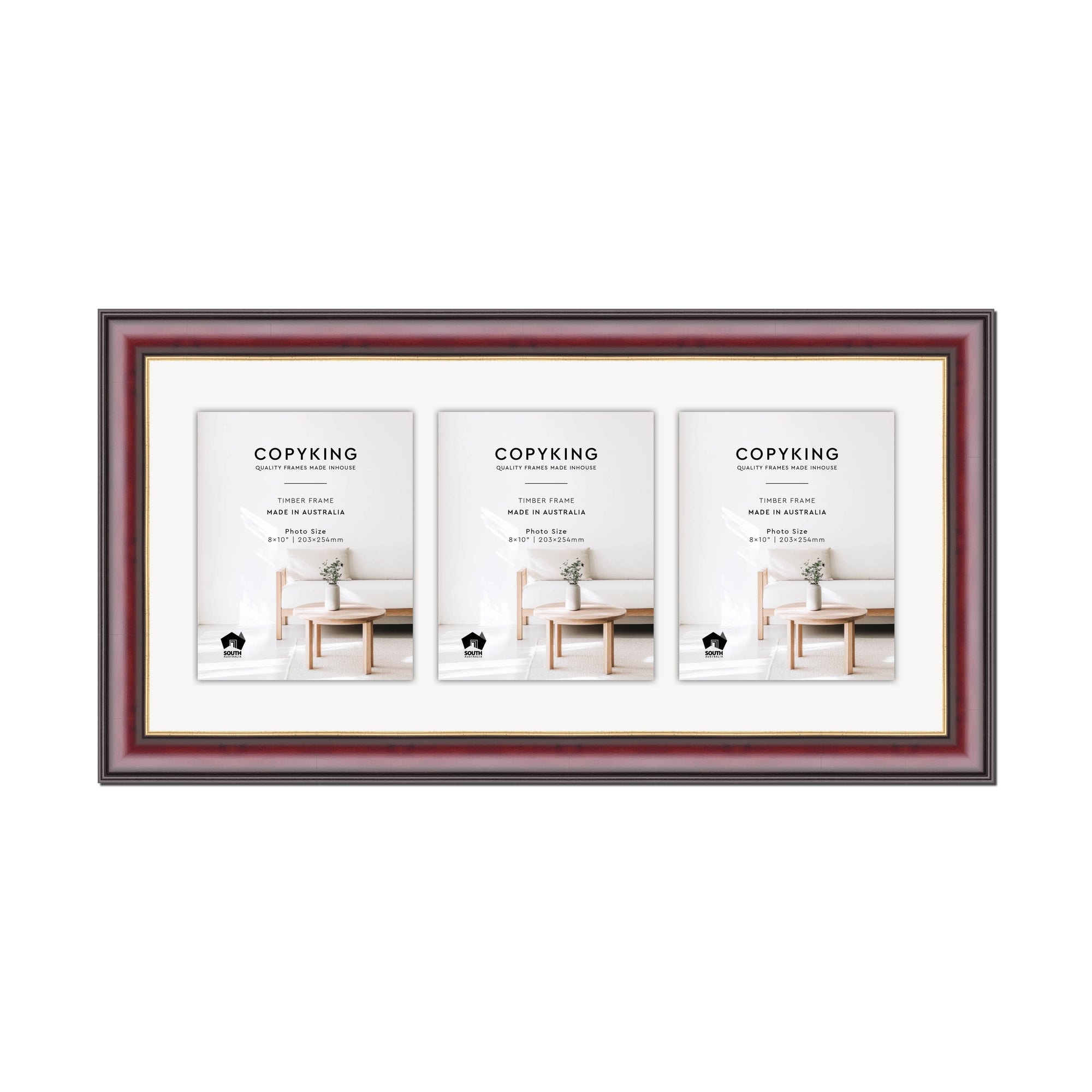 Mahogany/Gold 50mm Wood Collage Photo Frame - 14" x 30" - 3 Photos (8" x 10")