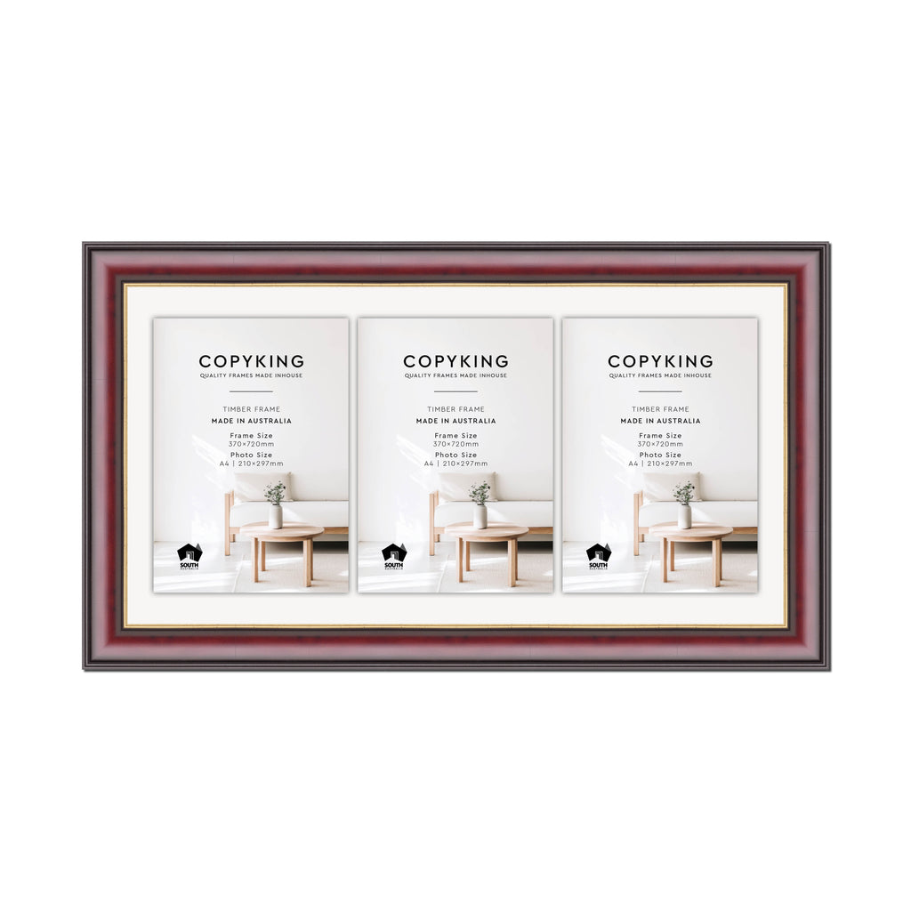 Mahogany/Gold 50mm Wood Certificate Frame - 370mm x 720mm - 3 Certificates (A4)