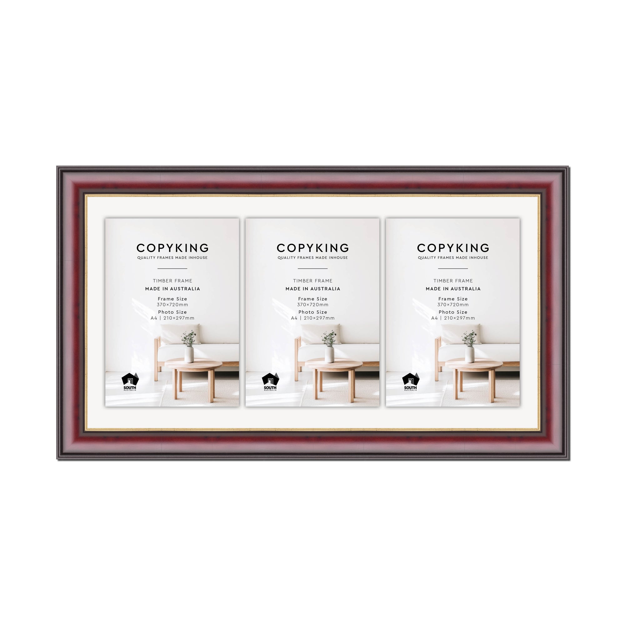Mahogany/Gold 50mm Wood Certificate Frame - 370mm x 720mm - 3 Certificates (A4)