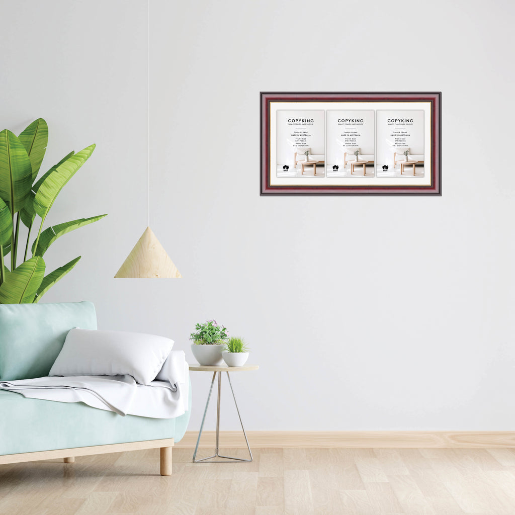 Mahogany/Gold 50mm Wood Certificate Frame - 370mm x 720mm - 3 Certificates (A4)