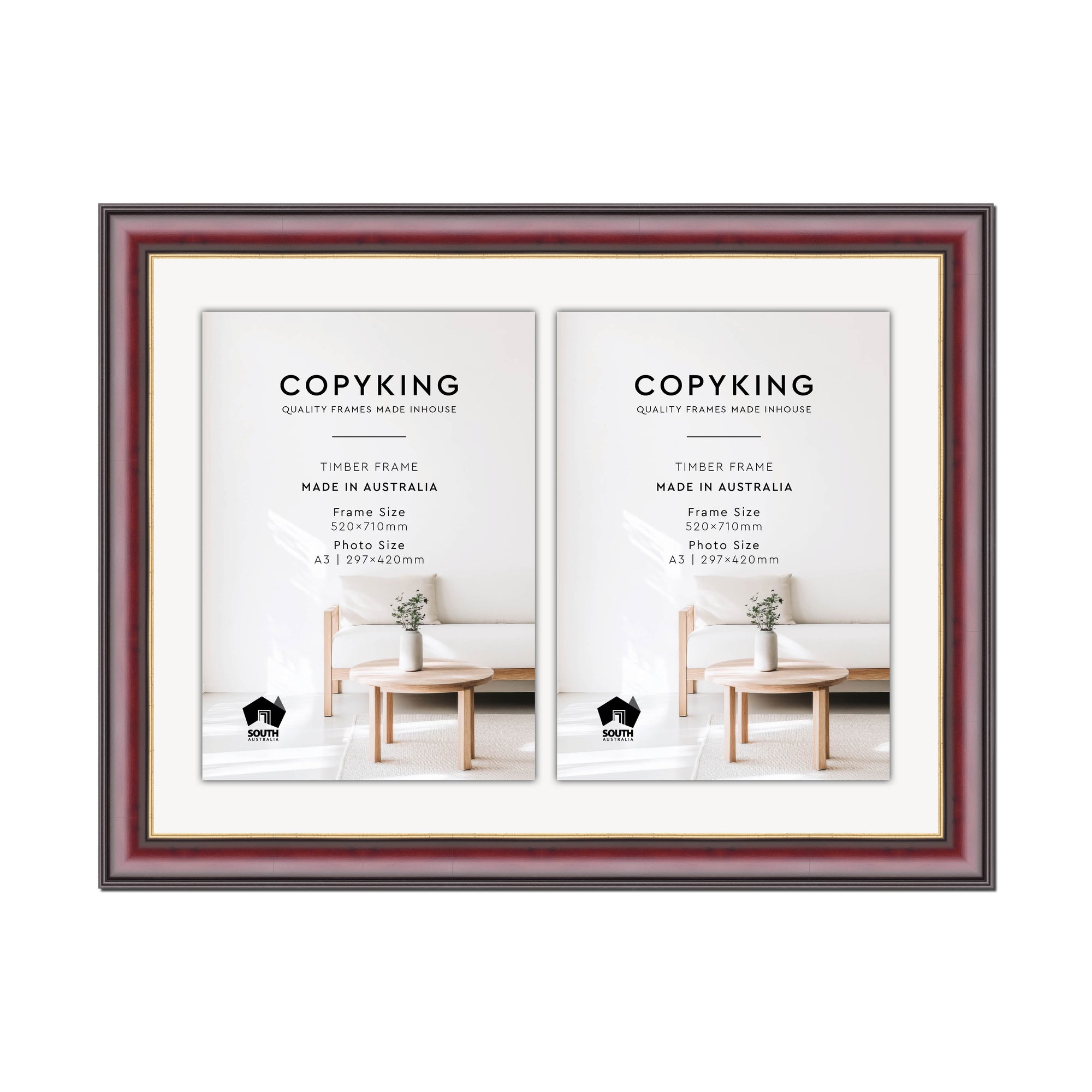 Mahogany/Gold 50mm Wood Certificate Frame - 520mm x 710mm - 2 Certificates (A3)
