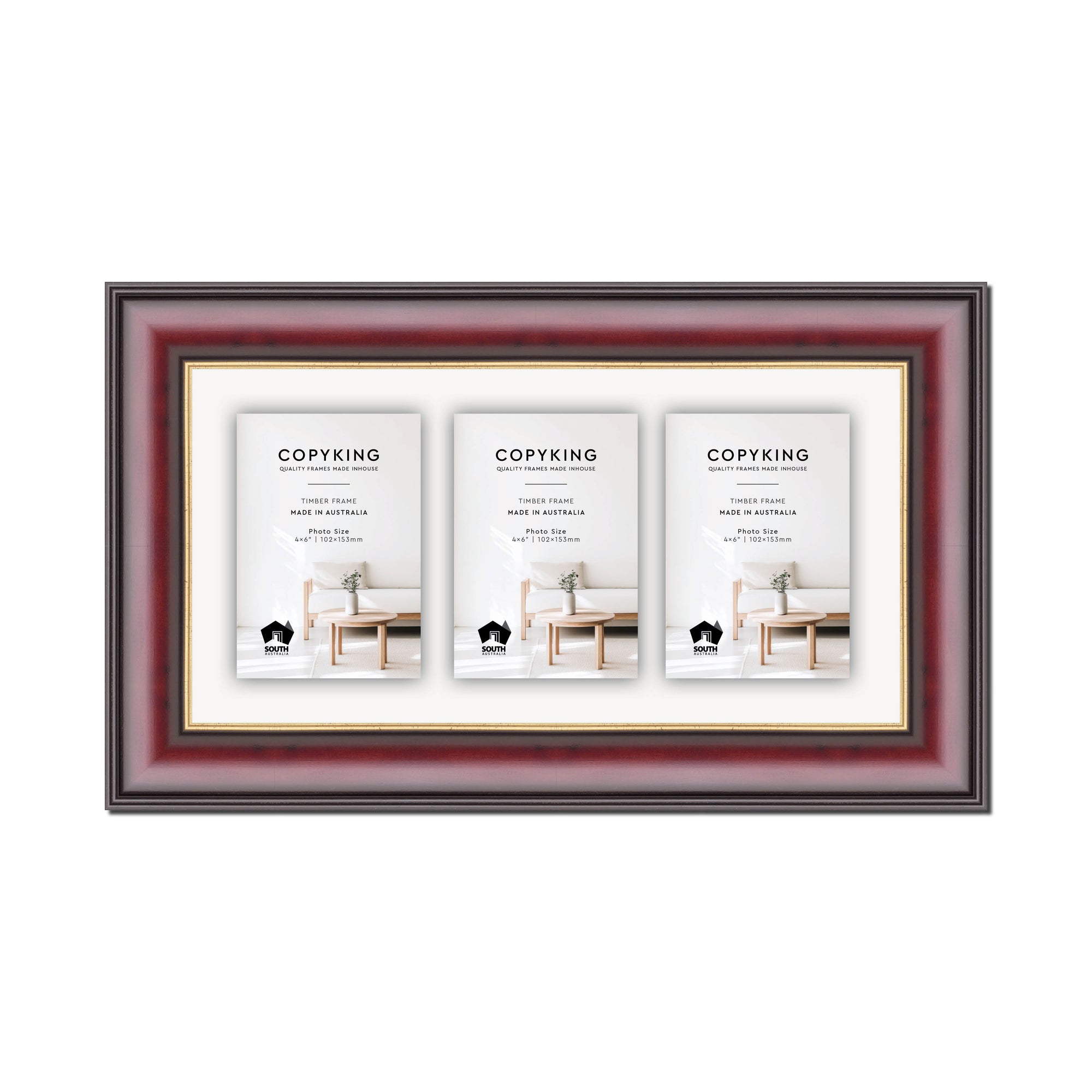 Mahogany/Gold 50mm Wood Collage Photo Frame - 8" x 16" - 3 Photos (4" x 6")