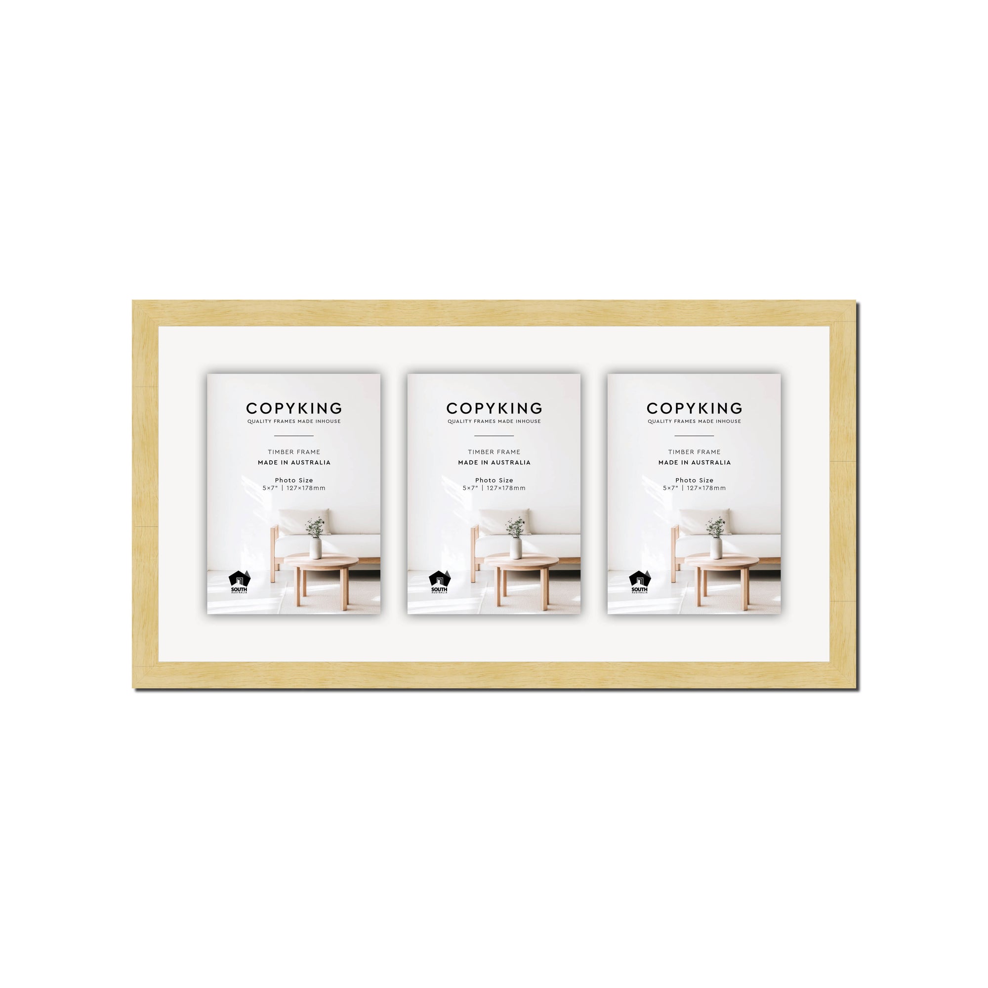 Natural 20mm Wood Collage Photo Frame - 10" x 20" - 3 Photos (5" x 7")