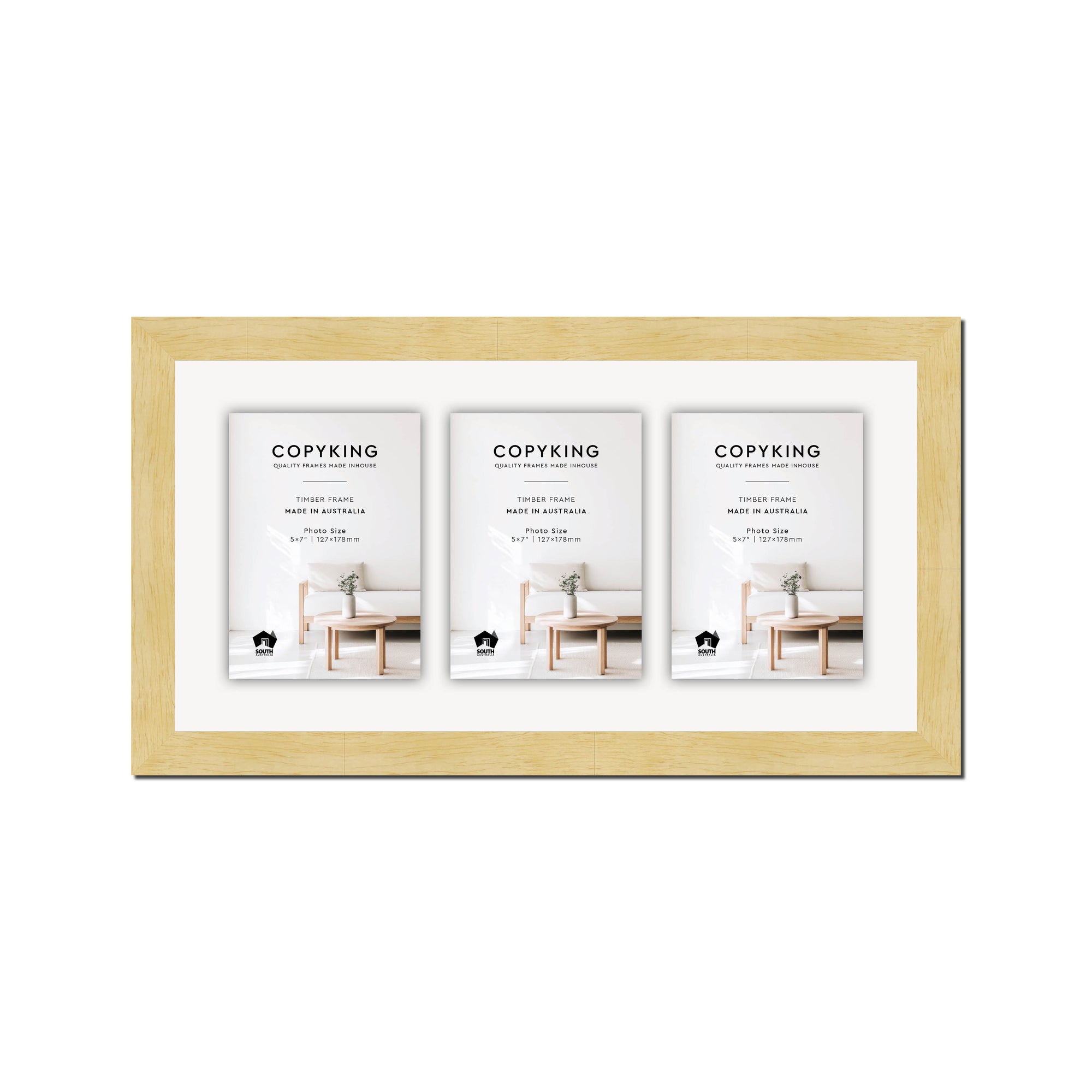 Natural 30mm Wood Collage Photo Frame - 10" x 20" - 3 Photos (5" x 7")