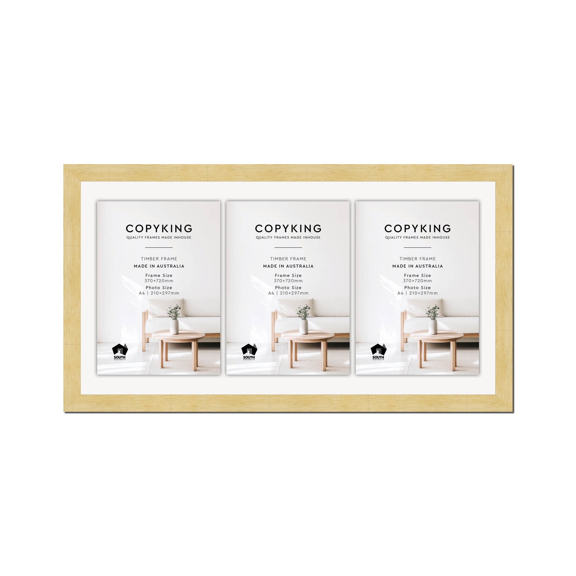 Natural 30mm Wood Certificate Frame - 370mm x 720mm - 3 Certificates (A4)