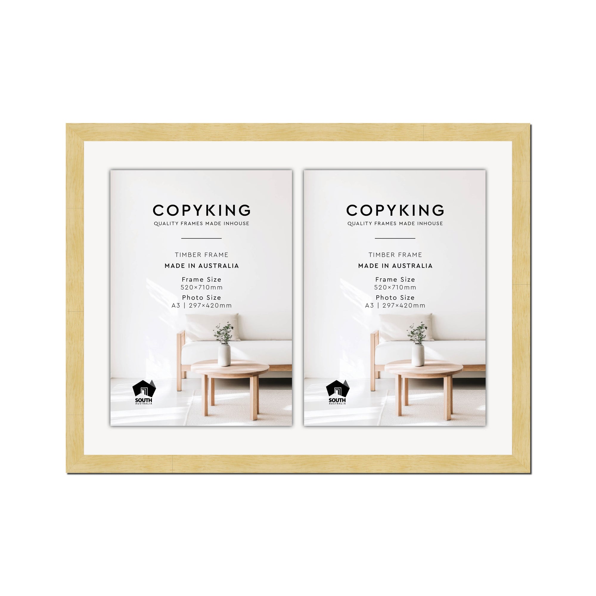Natural 30mm Wood Certificate Frame - 520mm x 710mm - 2 Certificates (A3)