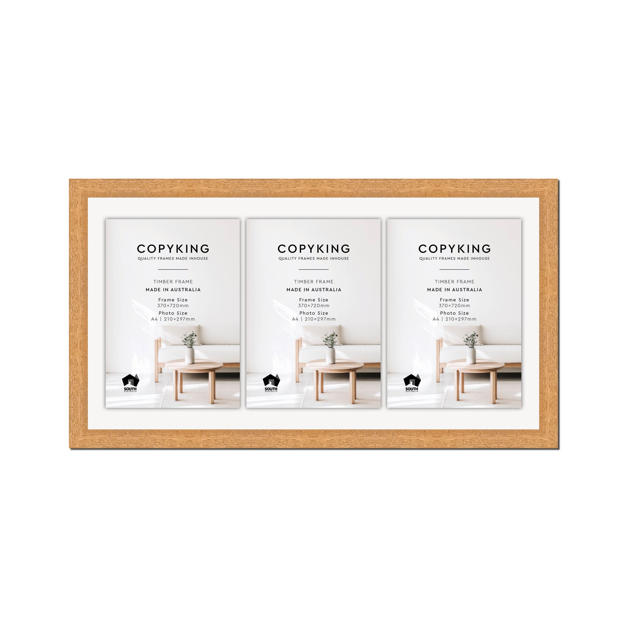 Prime Natural 30mm Wood Certificate Frame - 370mm x 720mm - 3 Certificates (A4)