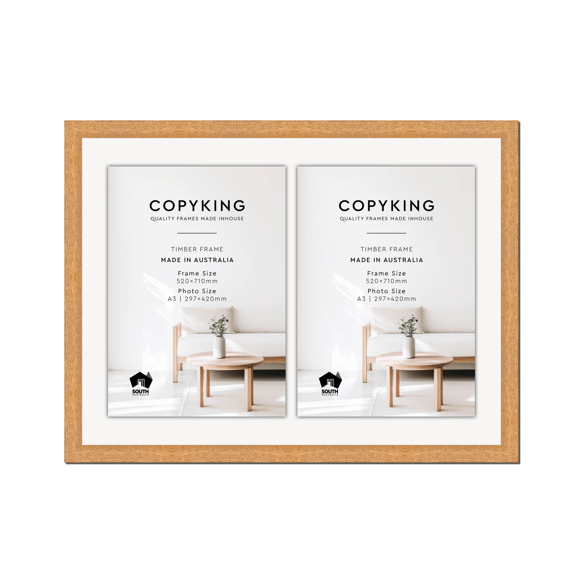 Prime Natural 30mm Wood Certificate Frame - 520mm x 710mm - 2 Certificates (A3)