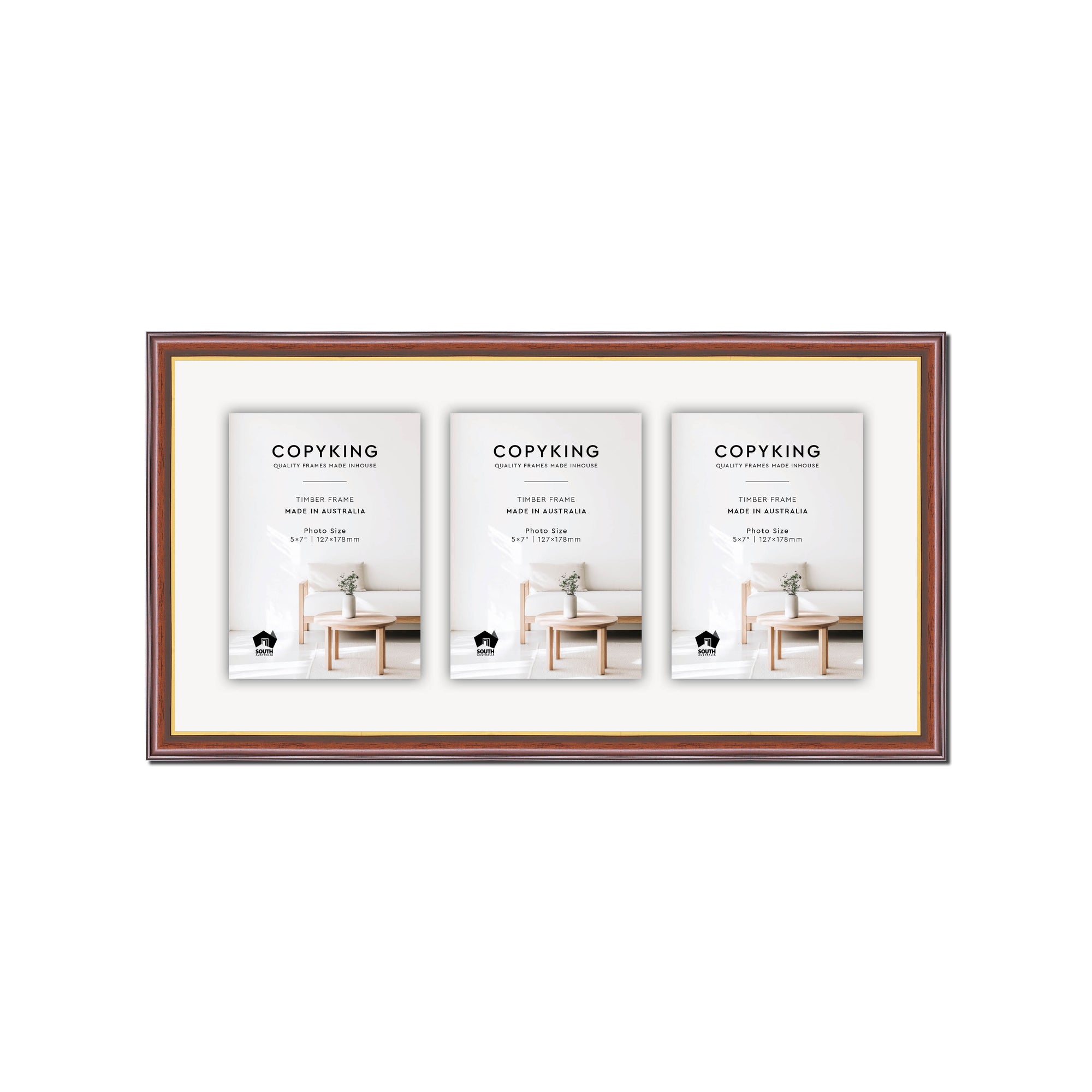 Walnut/Gold 20mm Wood Collage Photo Frame - 10" x 20" - 3 Photos (5" x 7")