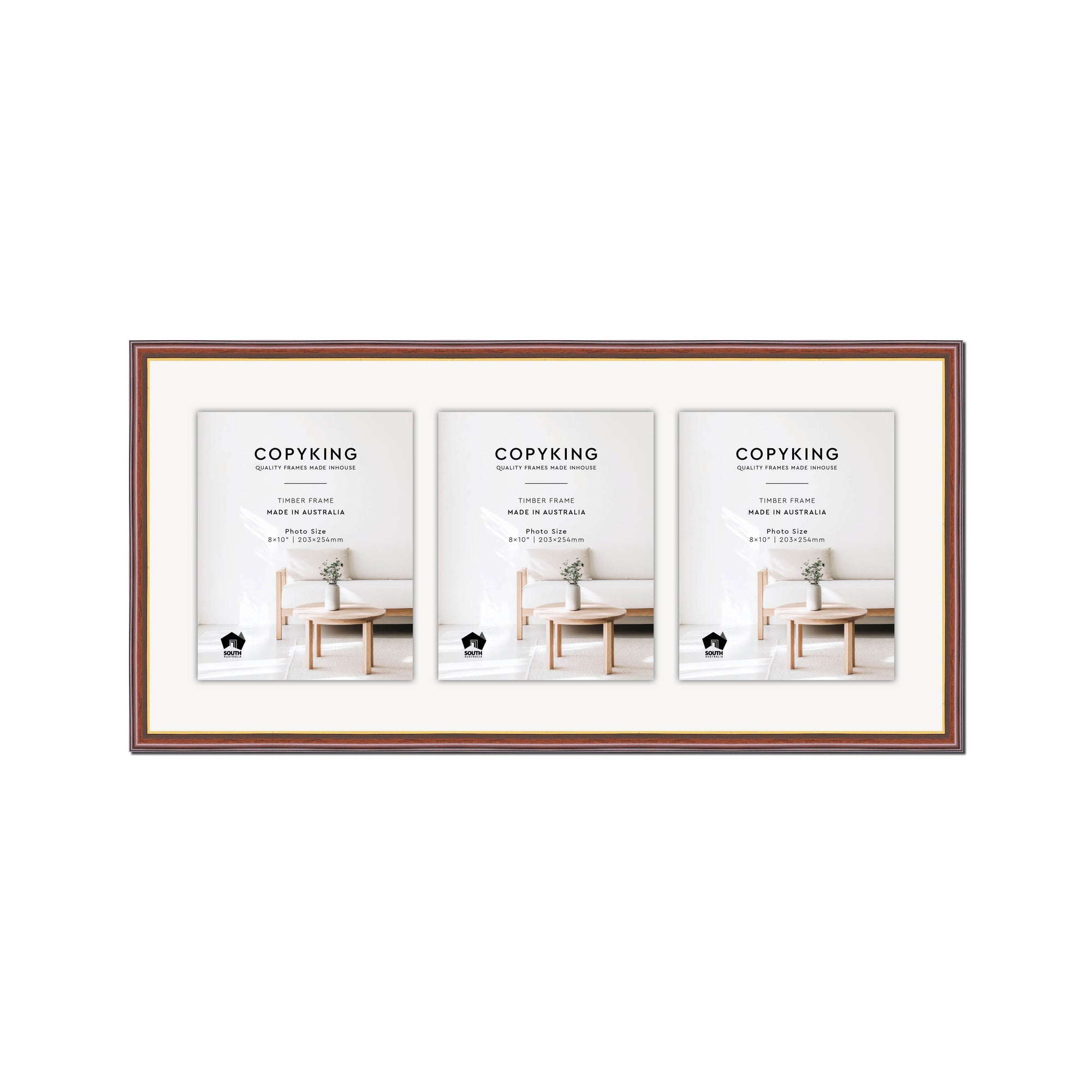 Walnut/Gold 20mm Wood Collage Photo Frame - 14" x 30" - 3 Photos (8" x 10")