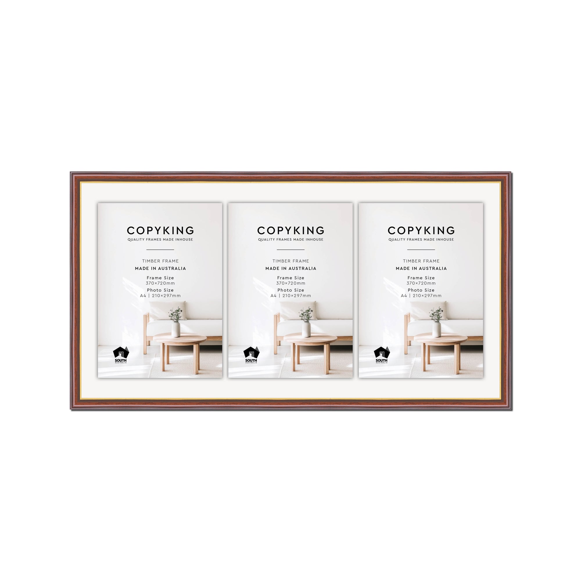 Walnut/Gold 20mm Wood Certificate Frame - 370mm x 720mm - 3 Certificates (A4)