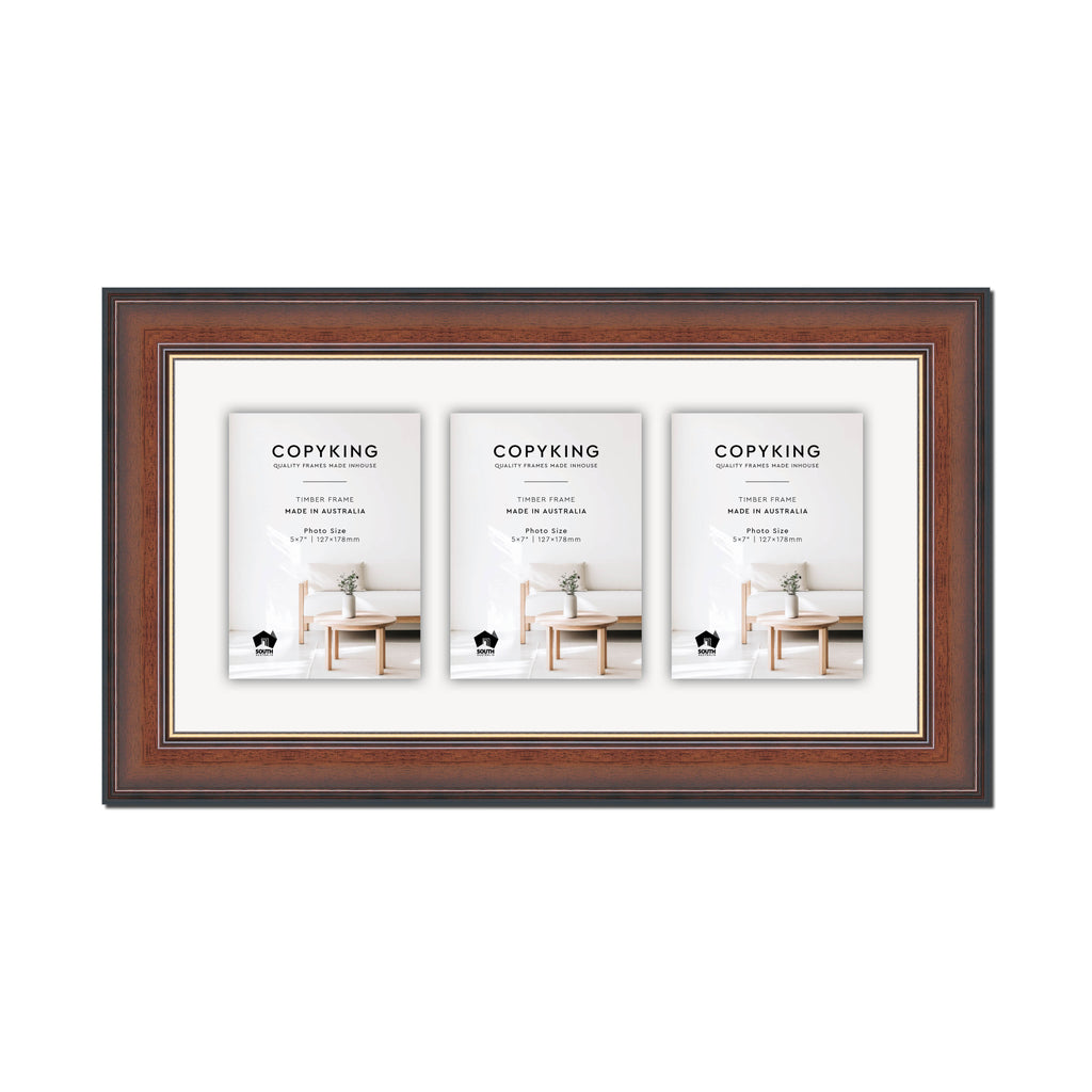 Walnut/Gold 50mm Wood Collage Photo Frame - 10" x 20" - 3 Photos (5" x 7")