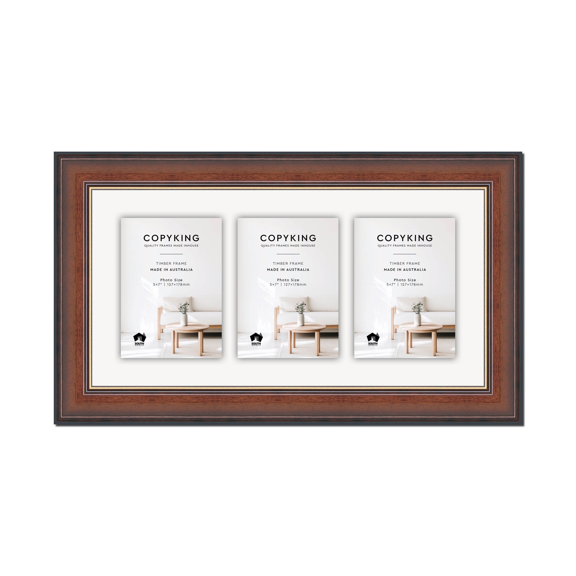 Walnut/Gold 50mm Wood Collage Photo Frame - 10" x 20" - 3 Photos (5" x 7")