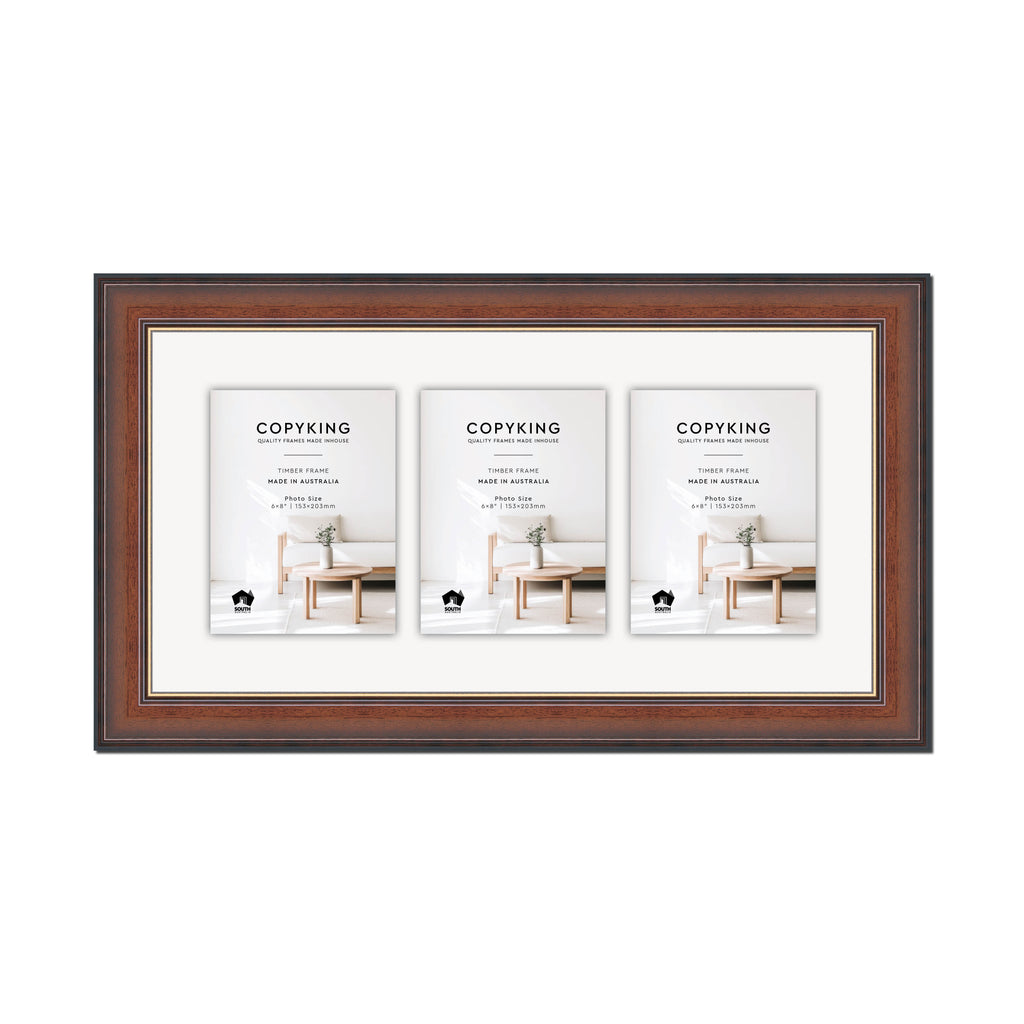 Walnut/Gold 50mm Wood Collage Photo Frame - 12" x 24" - 3 Photos (6" x 8")