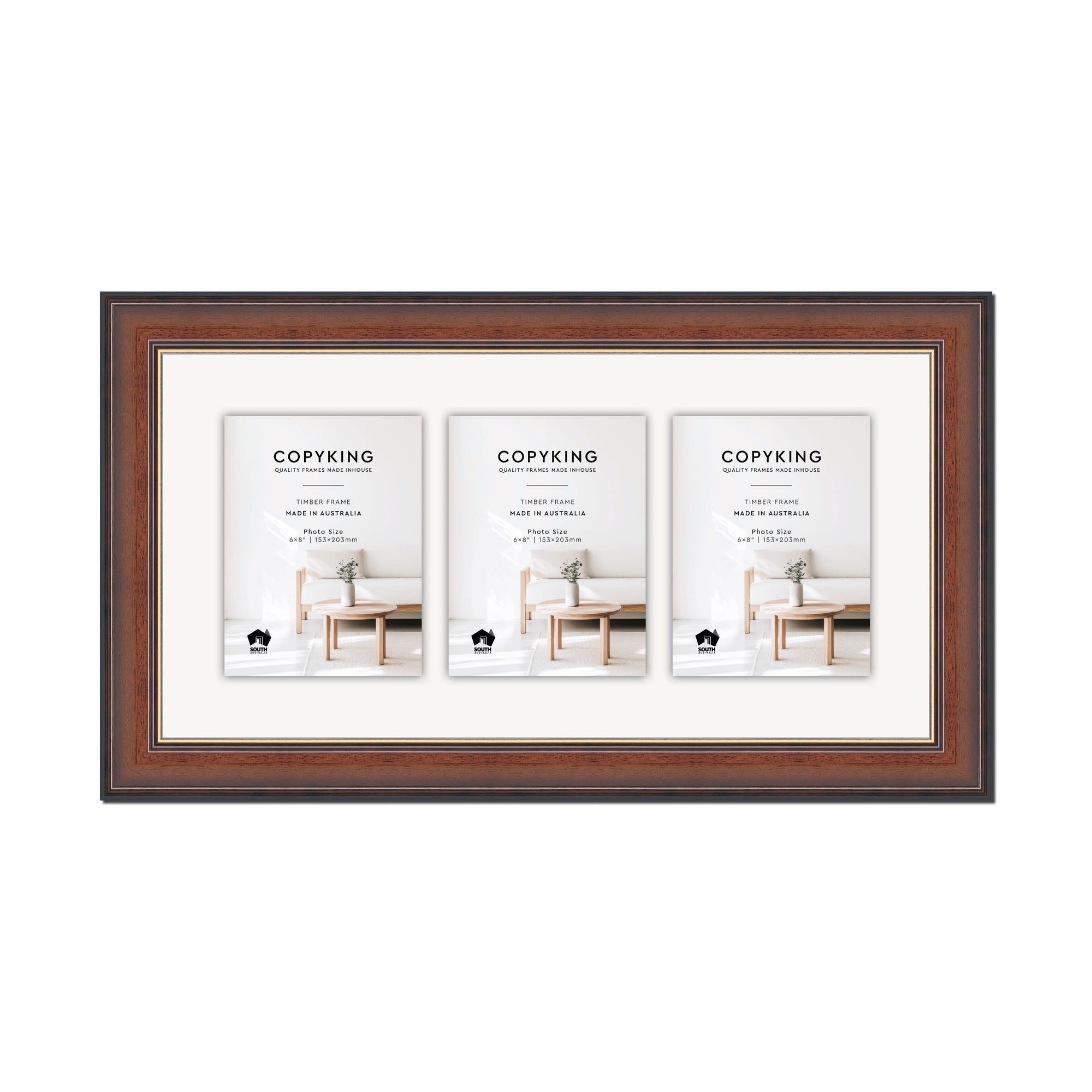 Walnut/Gold 50mm Wood Collage Photo Frame - 12" x 24" - 3 Photos (6" x 8")