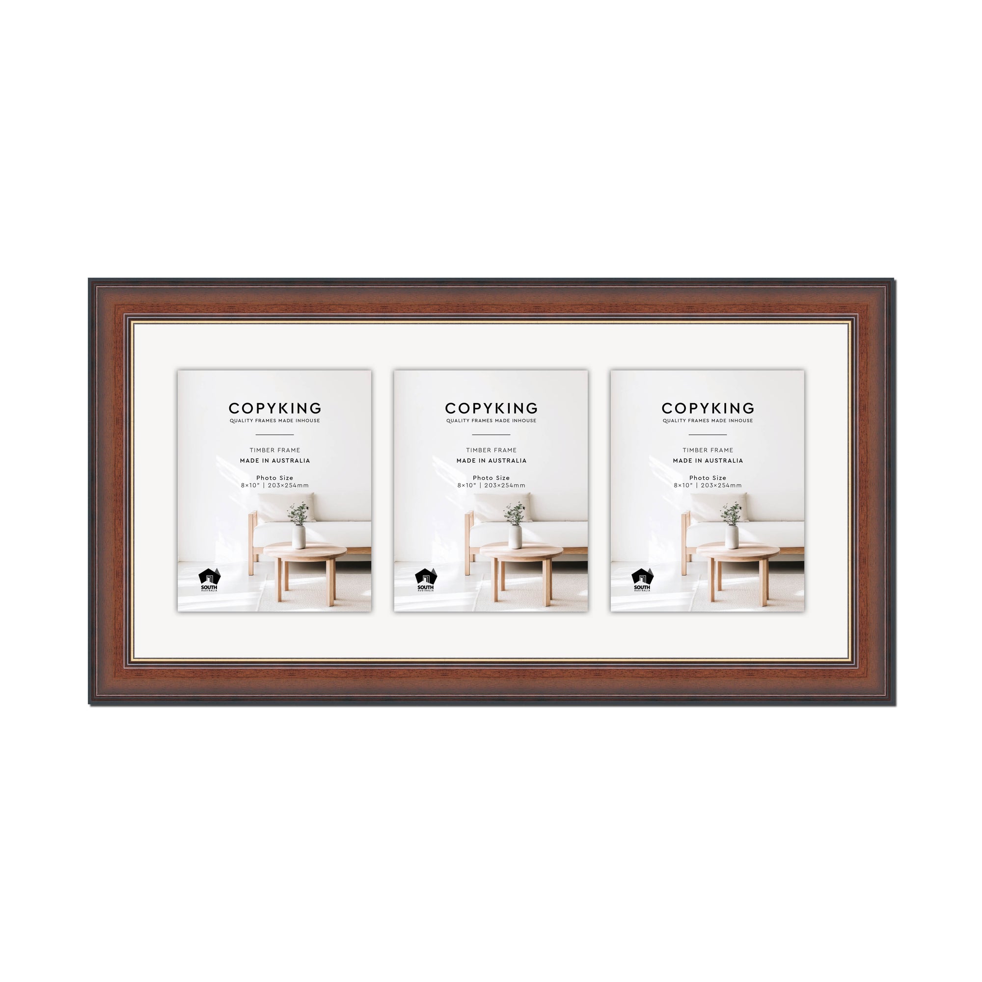 Walnut/Gold 50mm Wood Collage Photo Frame - 14" x 30" - 3 Photos (8" x 10")