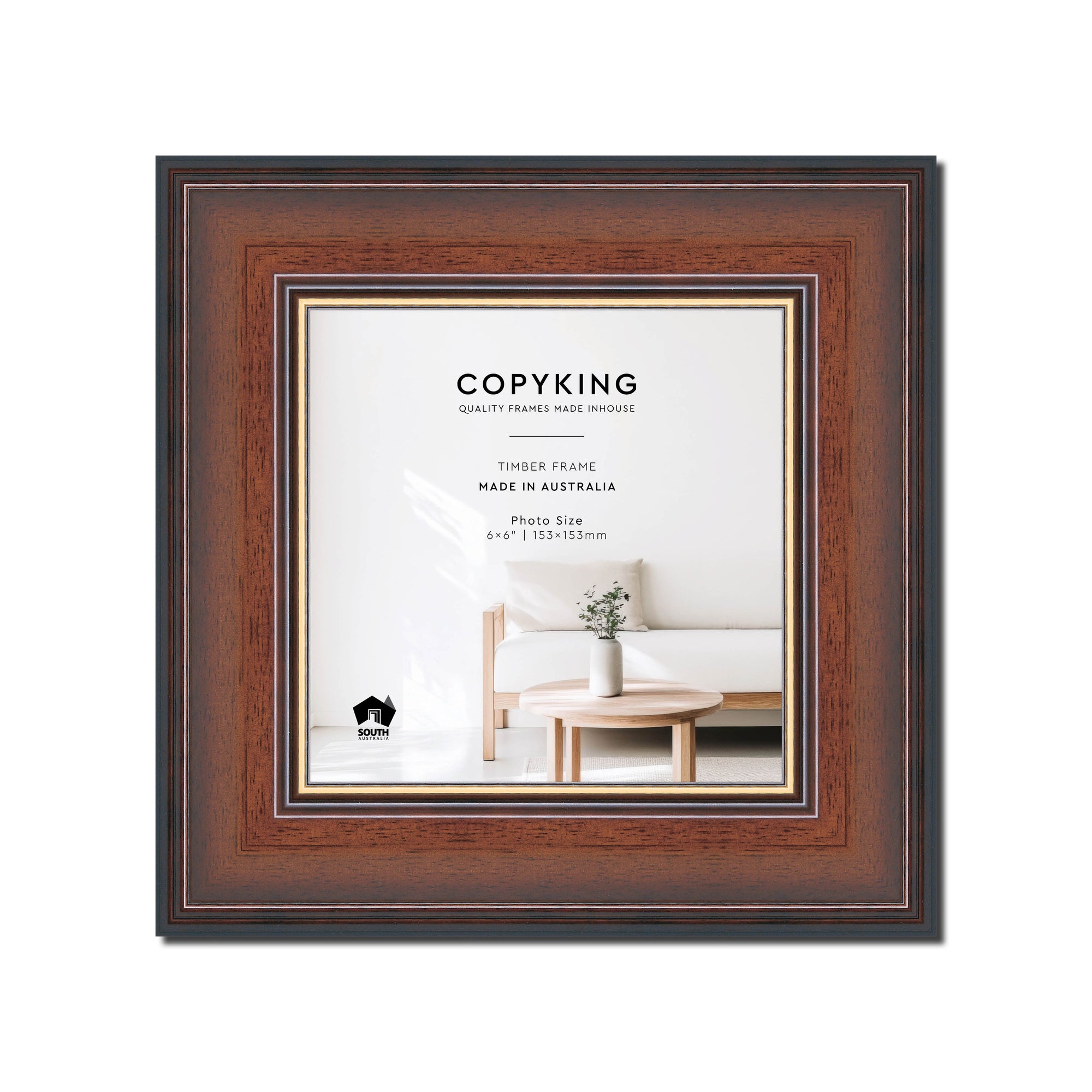 Walnut/Gold 50mm Wood Square Photo Frame - 6" x 6" (153mm x 153mm)