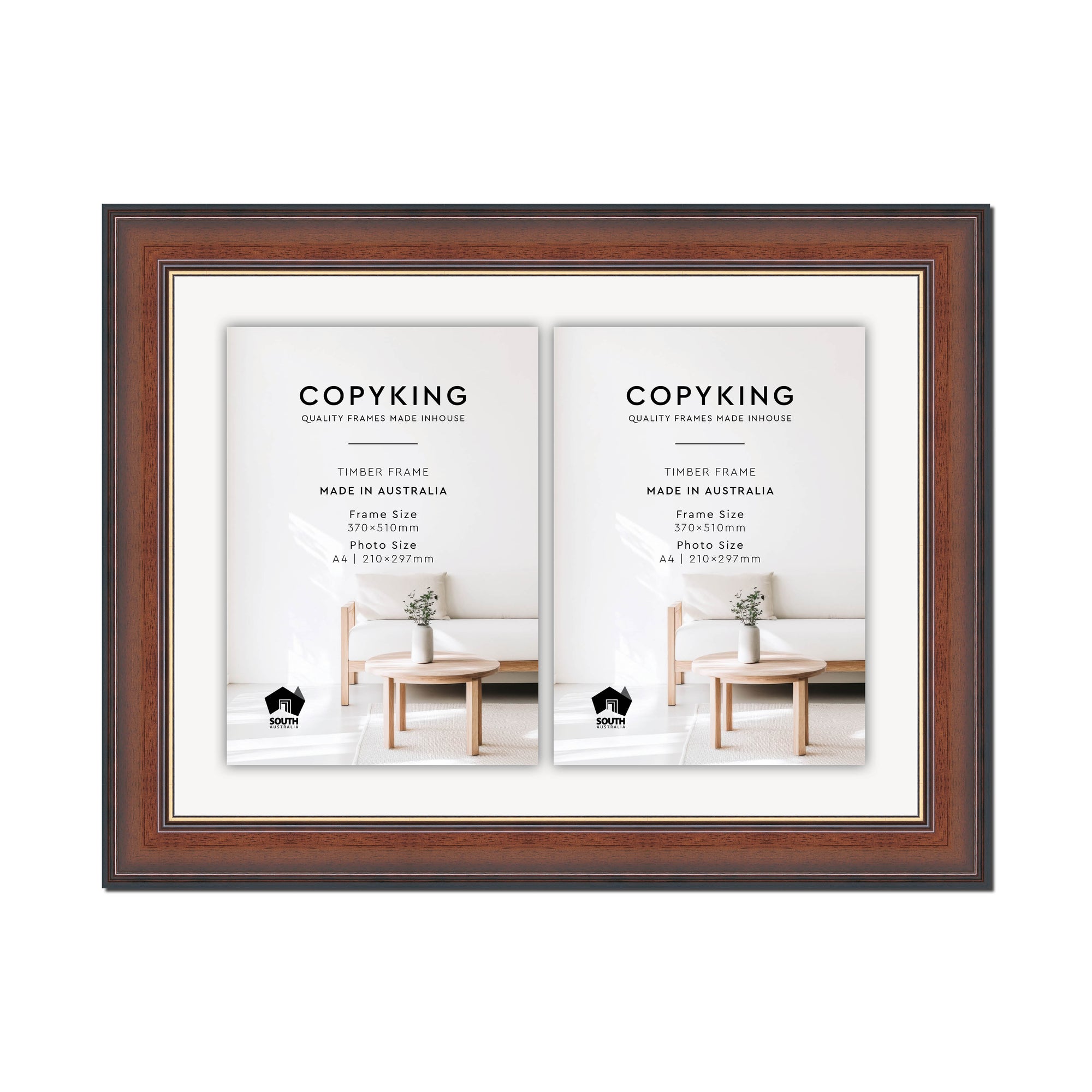Walnut/Gold 50mm Wood Certificate Frame - 370mm x 510mm - 2 Certificates (A4)