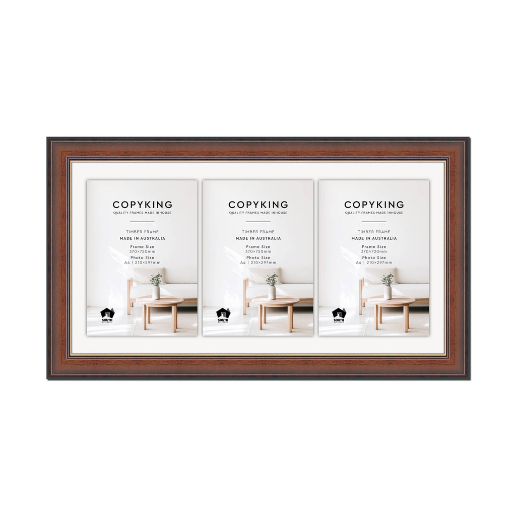 Walnut/Gold 50mm Wood Certificate Frame - 370mm x 720mm - 3 Certificates (A4)