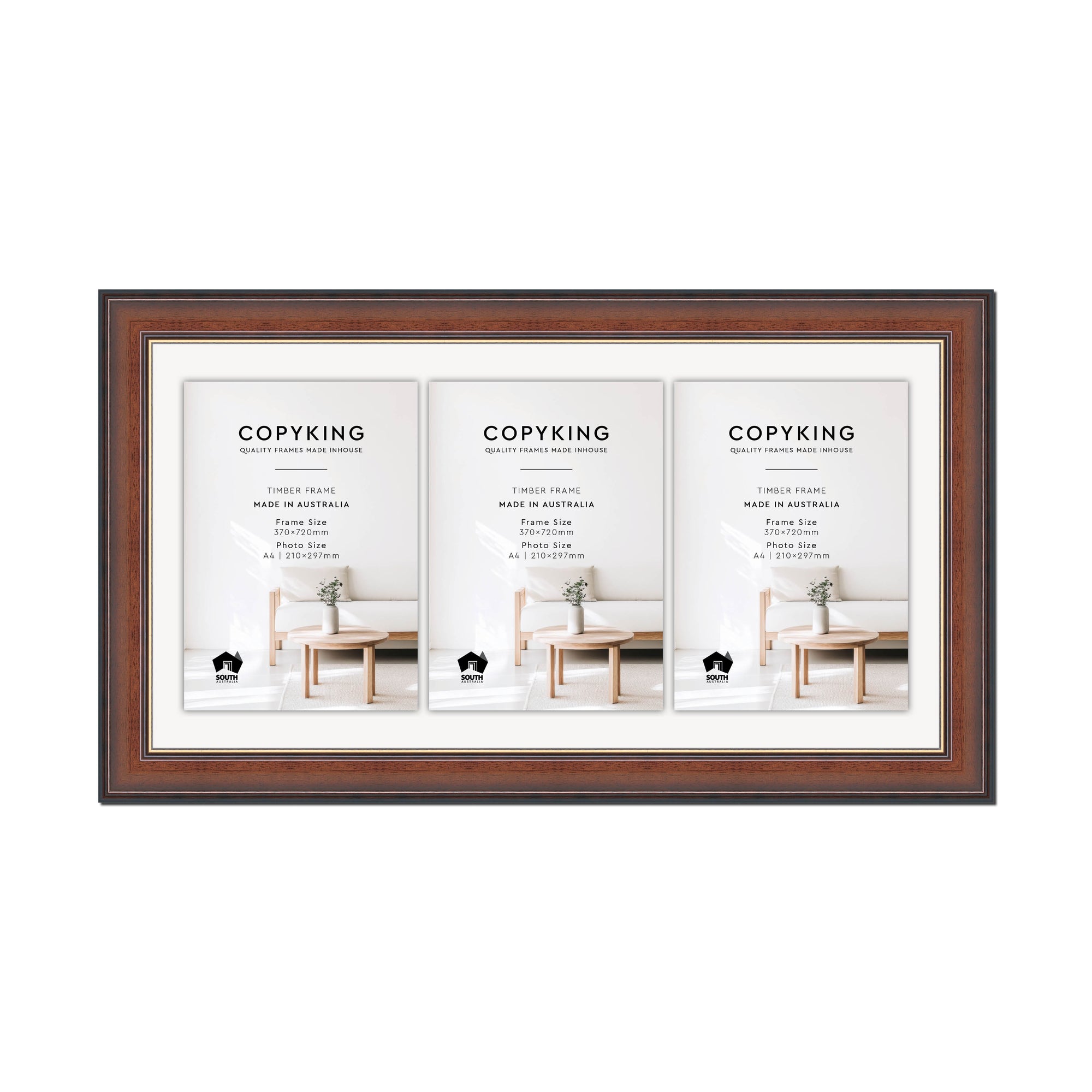 Walnut/Gold 50mm Wood Certificate Frame - 370mm x 720mm - 3 Certificates (A4)