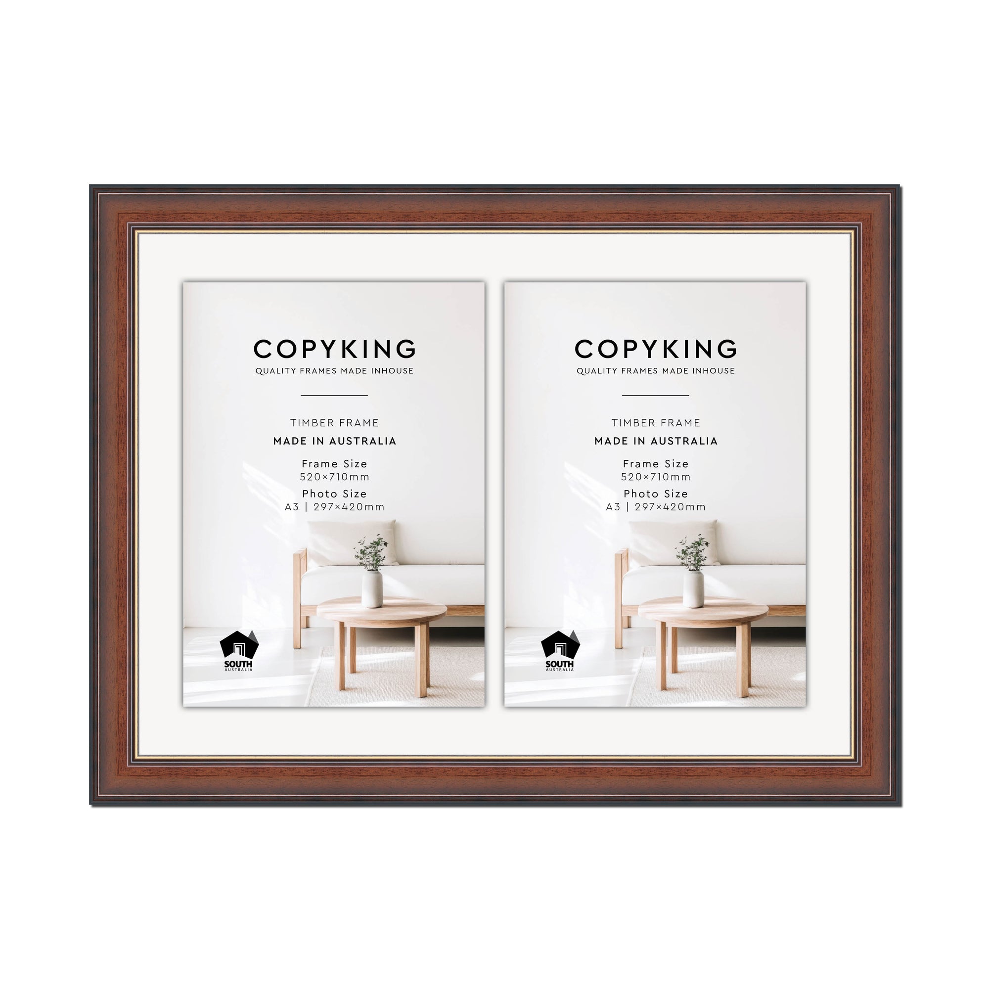 Walnut/Gold 50mm Wood Certificate Frame - 520mm x 710mm - 2 Certificates (A3)