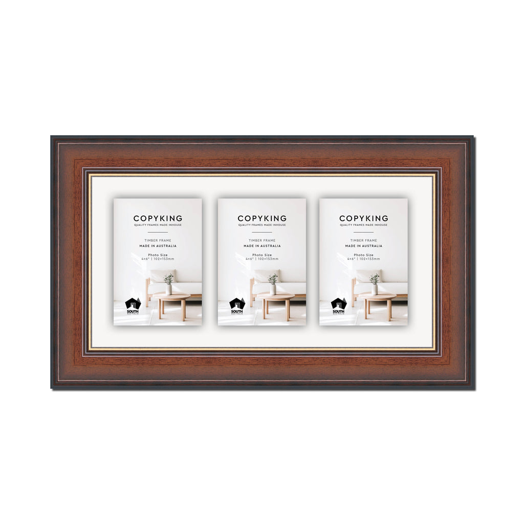 Walnut/Gold 50mm Wood Collage Photo Frame - 8" x 16" - 3 Photos (4" x 6")