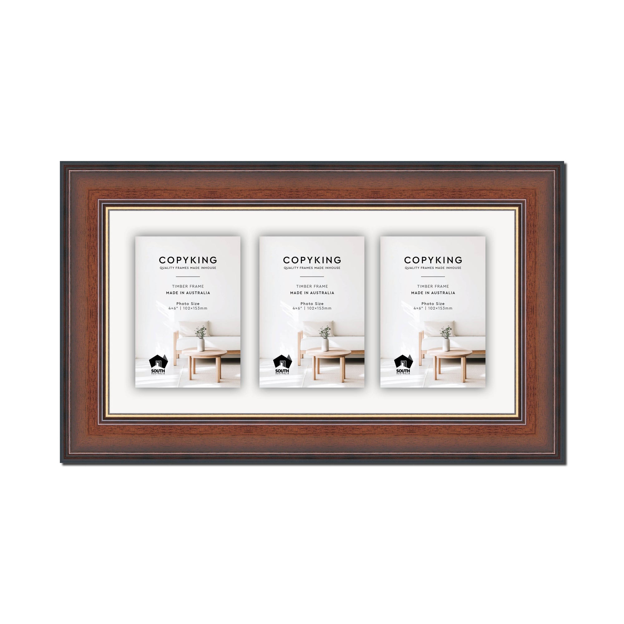 Walnut/Gold 50mm Wood Collage Photo Frame - 8" x 16" - 3 Photos (4" x 6")