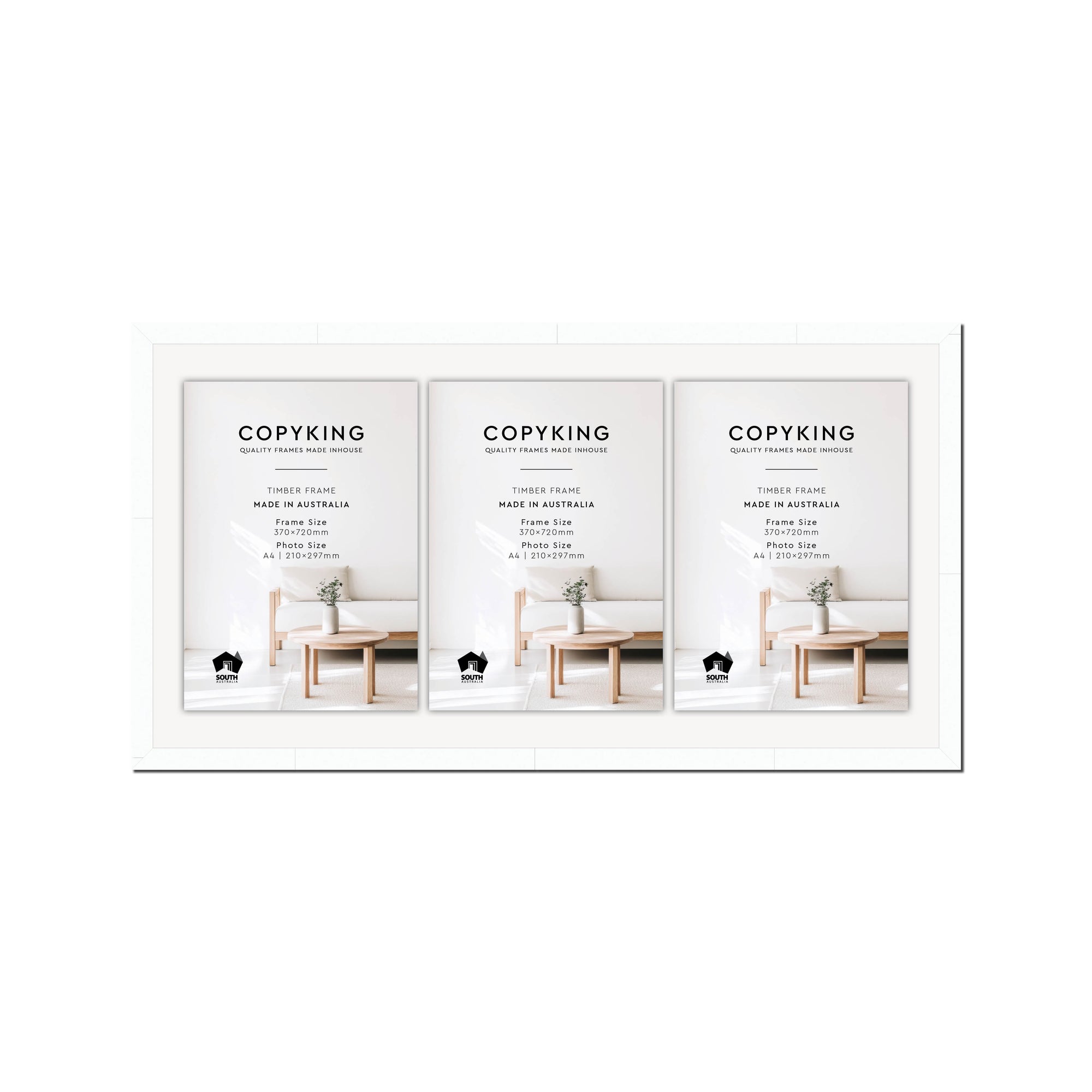 White 20mm Wood Certificate Frame - 370mm x 720mm - 3 Certificates (A4)